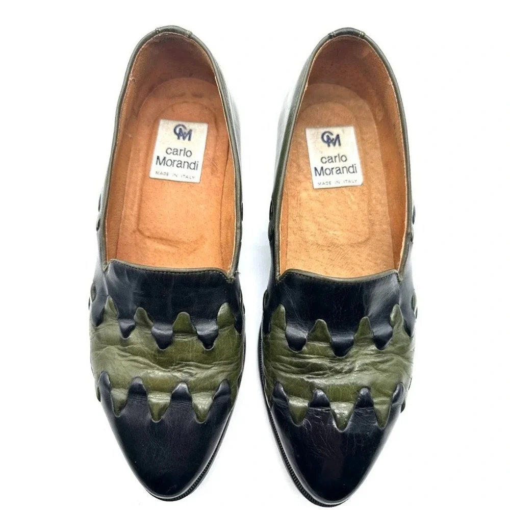 Carlo Morandi Made in Italy Leather Loafers Black Green Pointed Designer Mens Sh